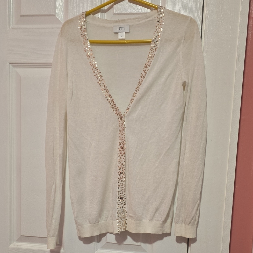 LOFT Women's Cream Cardigan with Sequin Trim